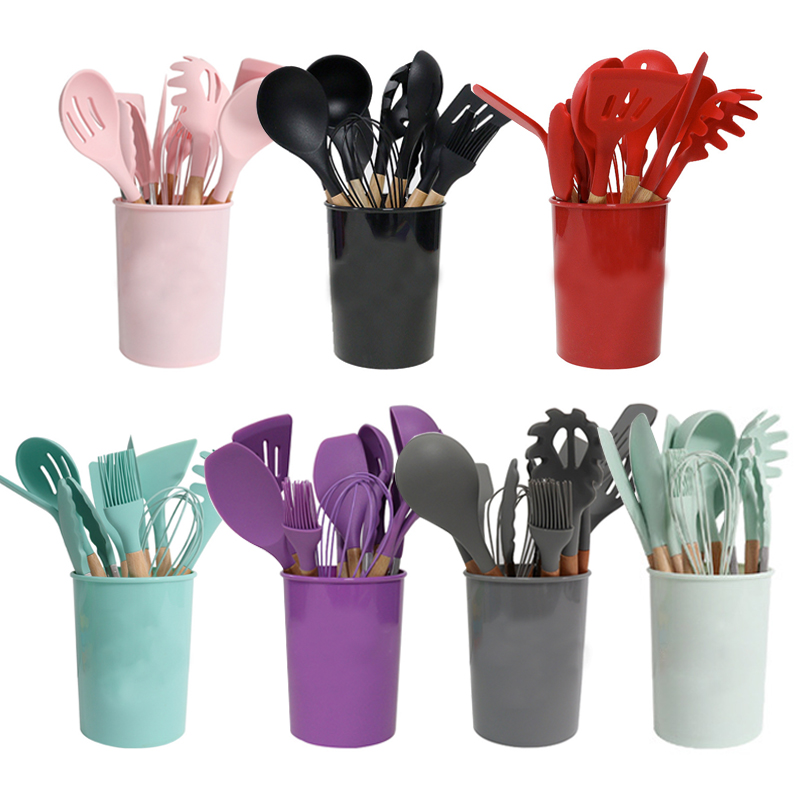 12pcs In 1 Set Wooden Handle Kitchenware Kitchen Accessories Set Non Stick Silicone Cooking Kitchen Utensil Set Tools